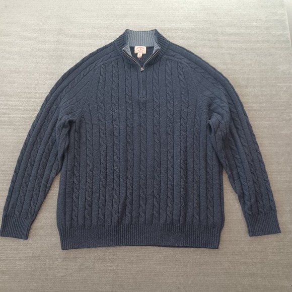 Brooks Brothers Wool Cable Knit Sweater Mens 2XL Blue 1/4 Zip Mock Neck Stretch - Picture 1 of 9